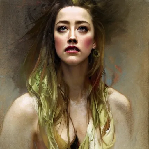 Image similar to hyperrealist portrait of a woman as amber heard winning the trial at court by jeremy mann and alphonse mucha, fantasy art, photo realistic, dynamic lighting, artstation, poster, volumetric lighting, very detailed faces, 4 k, award winning