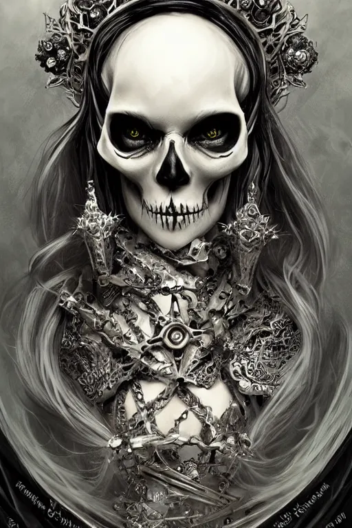 Prompt: skull queen with an origami crown, hints of silver jewelry, gothic, eerie, intricate detail, dramatic lighting, mist, grey, 4k, fantasy, intricate, very very beautiful, elegant, highly detailed, digital painting, artstation, concept art, smooth, sharp focus, illustration, art by artgerm and greg rutkowski and alphonse mucha