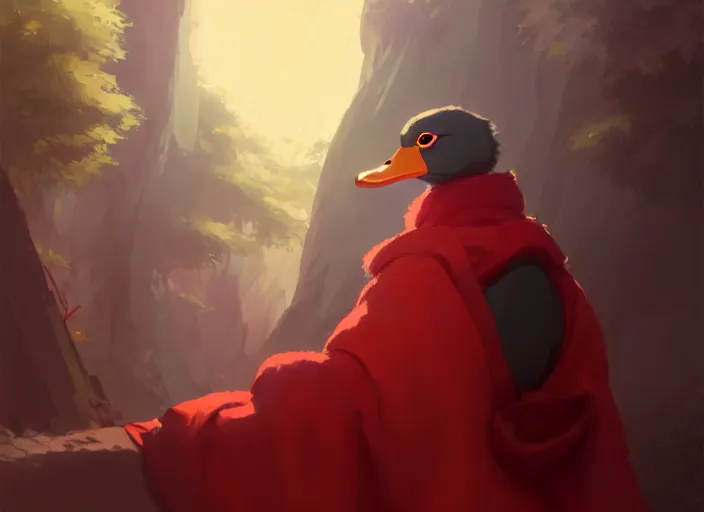 Image similar to cute fluffy mallard duck wearing red cultist robe, details, fantasy, epic, sacrificial altar, landscape illustration concept art anime key visual trending pixiv fanbox by wlop and greg rutkowski and makoto shinkai and studio ghibli and kyoto animation symmetrical facial features