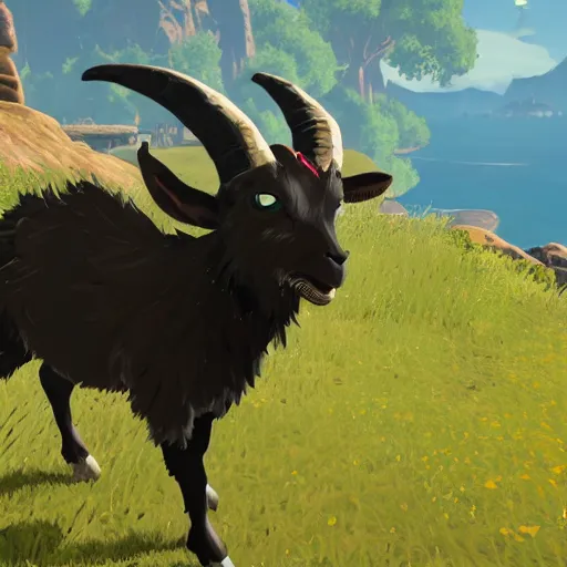 Image similar to an anthropomorphic black goat in breath of the wild, screenshot