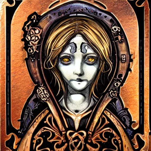 Prompt: steam _ girl _ memento _ mori _ gothic _ neo _ - _ gothic _ art _ nouveau _ hyperdetailed _ copper _ patina _ medieval _ icon _ philippe