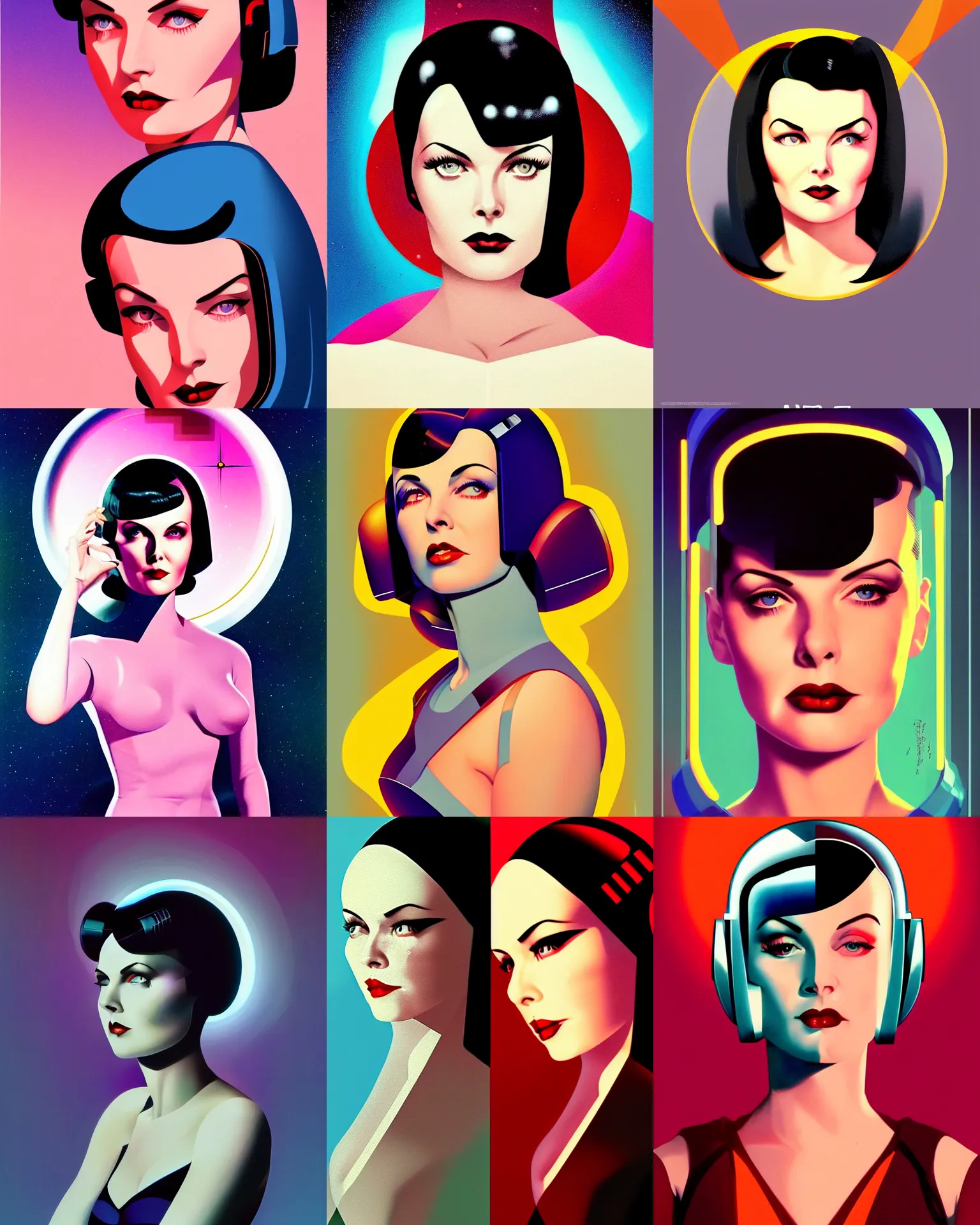 Prompt: sherilyn fenn fused with mary louise brooks 2 2 years old space woman, half robot and half woman, retro futurism, solaris, half portrait by stanley artgerm, dramatic lighting, ilya kuvshinov, trending on artstation, flat colour, geometric curves, gradient filter, pleasing tone colours