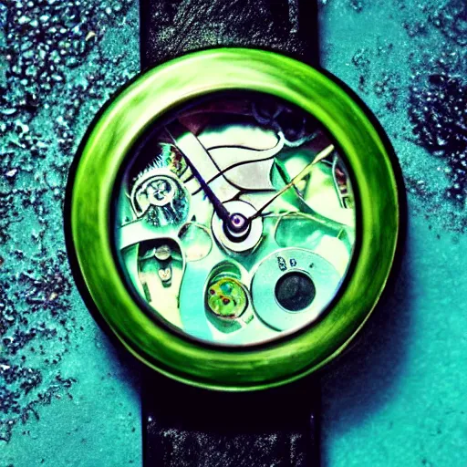 Prompt: a complicated watch locked inside an hourglass, underwater, realism, green tint,