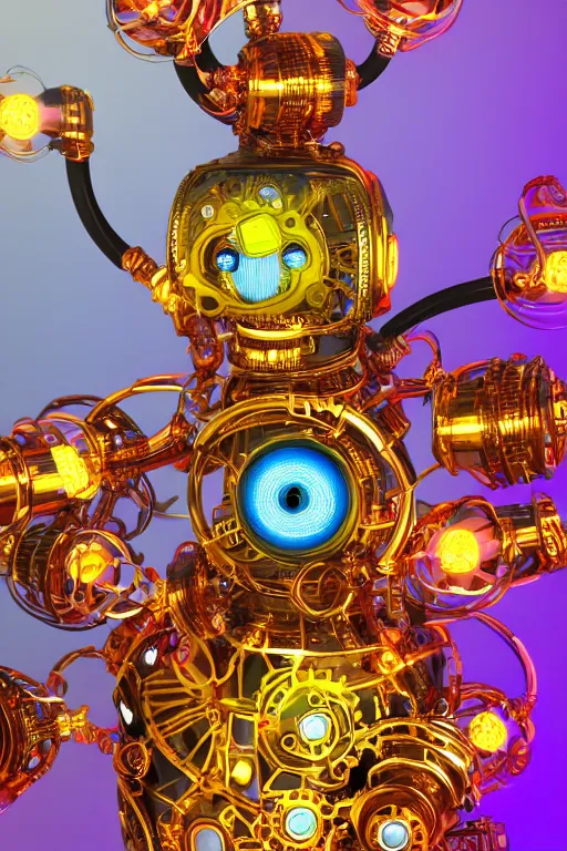 Image similar to photo of a smiling golden and blue metal steampunk robothead covered with multicolored tubes and gears, eyes are glowing red lightbulbs, arms are music instruments, shiny crisp finish, 3 d render, 8 k, insaneley detailed, fluorescent colors, background is holographic patterns