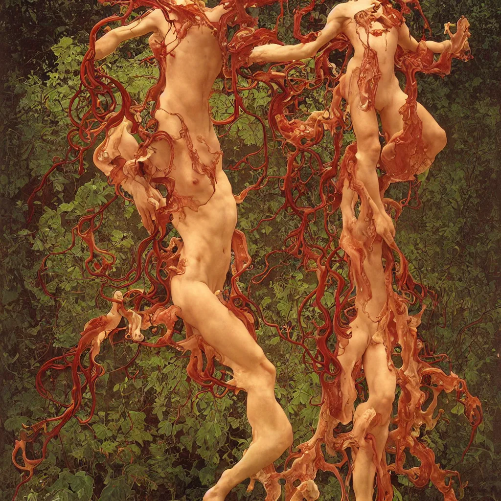 Image similar to epic photorealistic photograph of a grotesque veiny glossy wet gory nightmare fungus demon god. uhd, amazing depth, cinematic lighting, levitating floating fungus god with arms outstretched. by thomas blackshear and alphonse mucha.