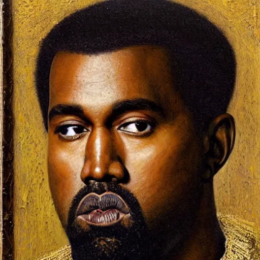 Prompt: portrait of kanye west, oil painting by jan van eyck, northern renaissance art, oil on canvas, wet - on - wet technique, realistic, expressive emotions, intricate textures, illusionistic detail