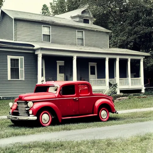 Prompt: a vintage a real photo by william christenberry of a red ford parked in front of an american traditional house