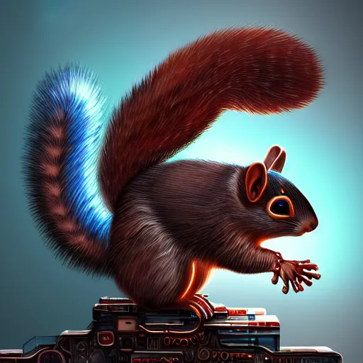 Image similar to a highly detailed long shot photo, cyberpunk mechanical squirrel, intricate, digital painting, artstation, intricate, concept art, smooth, sharp focus