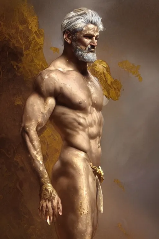 Image similar to painted back portrait of rugged zeus greek god by greg rutkowski craig mullins artgerm alphonse mucha, messy gold body paint over back and his arms, white hair handsome muscular upper body mature warm tone bulging bubble flowing robe [ ancient greek motifs ] background fantasy intricate elegant detailed digital painting concept art artstation sharp focus illustration