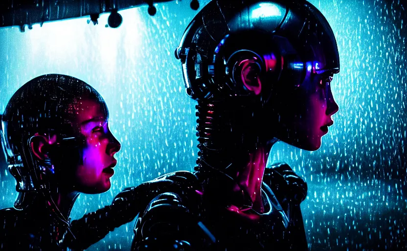 Image similar to cinestill 5 0 d candid photographic portrait by ridley scott of two loving female androids sobbing wearing rugged black mesh techwear in treacherous waters, flooded city, medium closeup, retrofuturism cyberpunk moody emotional cinematic, pouring iridescent rain bright spotlight helicopter, 8 k, hd, high resolution, 3 5 mm, f / 3 2, ultra realistic faces, ex machina