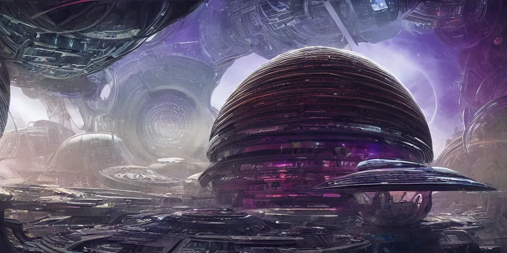 Prompt: an extremely detailed masterpiece epic color scene of a glass domed futuristic city spaceship with extraterrestrial citizens as it cruises through space to a ringed planet, in the style of frank paul lehr and lebbeus woods, intricate, elegant, highly detailed, digital painting, artstation, cinematic lighting, extremely moody lighting, glowing light and shadow, 4 k