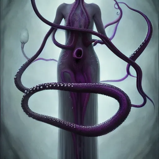 Prompt: by tom bagshaw, photorealistic body shot of a curiosities and absurdities in ultra deep fog, curvy full gothic long dress made of infinite tentacles, purple black lustrous thin haircut, symmetry accurate features, focus, very intricate ultrafine details, award winning masterpiece