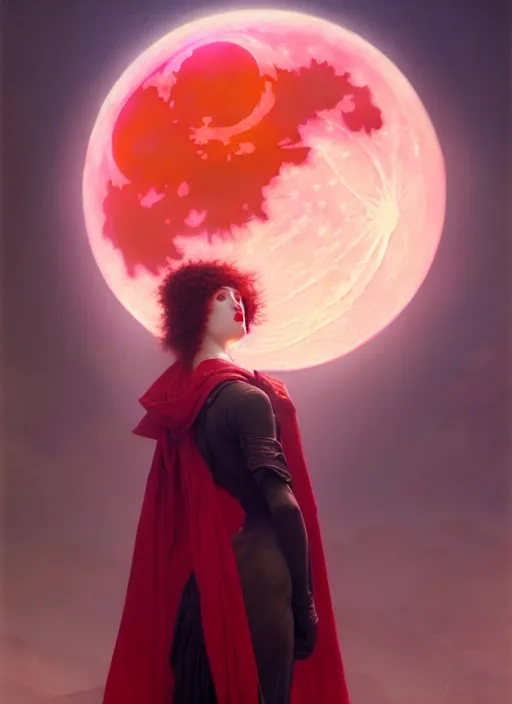 Prompt: Attractive pink lips red eyes, Classy Dressed Overseer , Apocalyptic Red moon in the morning, masterpiece by Edgar Maxence and Ross Tran and Michael Whelan, gustav dore, 8k, octane render