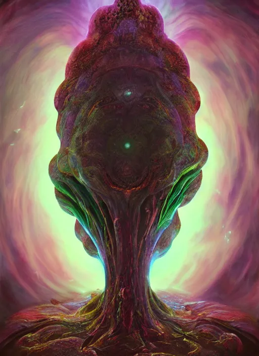 Image similar to enormous mushroom deity of the stars resides inside void manifold, mycelium forms quantum foam, fractal of scary dirac equations, portrait by ross tran, timeline nexus, ascending universes, a dnd illustration of esoteric concept by cgsociety and james gurney, artstation, hdr, rtx, iridescent wise mushroom deity