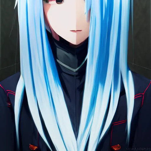 Image similar to full shot of rimuru tempest, sky blue straight hair, long bangs, with amber eyes, wearing a fancy black jacket, high collar, ultra detailed, brush strokes, digital painting, cinematic, wlop artstation, closeup, pixiv, intense, intimidating glare, photorealistic, overpowering, makoto shinkai, rossdraws, andy warhol,