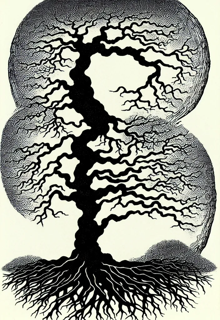 Image similar to prompt: magical white skeleton Bonsai tree roots merging into big moon drawn by Rene Magritte, Japanese woodblock print style, clean ink detailed line drawing, intricate detail, manga 1990