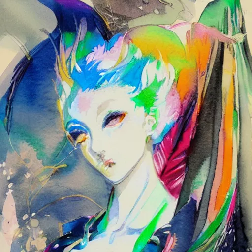 Prompt: watercolor painting of an elegant figure wearing colorful clothing, concept art, fashionable, by yoshitaka amano