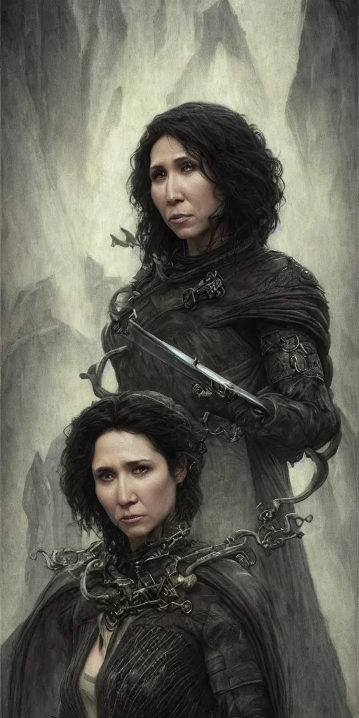 Prompt: sibel kekilli, thief, underworld boss, tattoos, crime, dungeons and dragons, fame of thrones masterpiece by edgar maxence and ross tran and michael whelan, gustav dore, 8 k, octane render