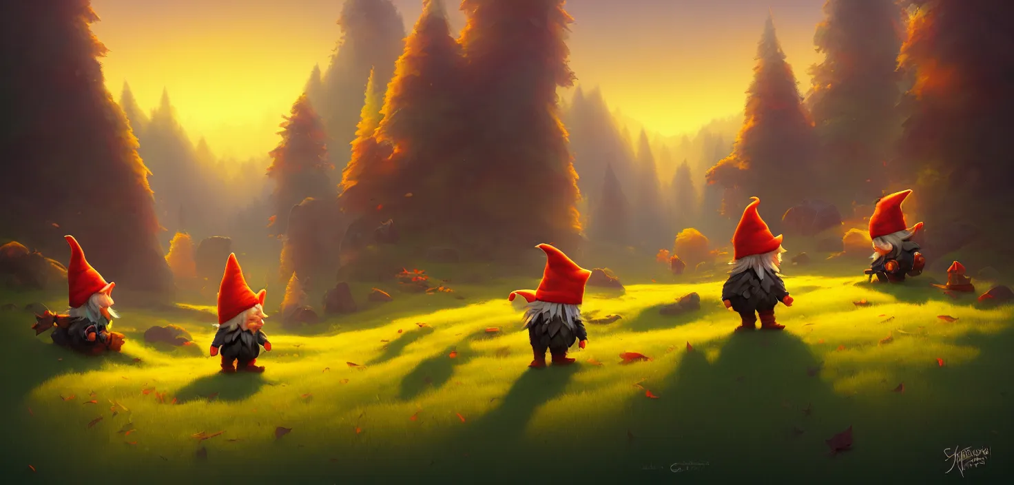 Prompt: fall gnomes svg vector, detailed, concept art, low angle, high detail, warm lighting, volumetric, godrays, vivid, beautiful, trending on artstation, by jordan grimmer, huge scene, grass, art greg rutkowski