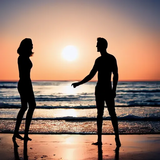 Prompt: Slim silhoutte of a couple on the beach, sunrise, ray tracing, birds in the sky, uplifting mood, happiness, majestic, 16k