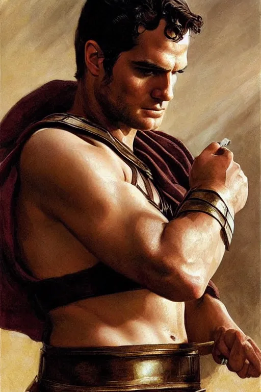 Image similar to henry cavill as gladiator, short hair, painting by j. c. leyendecker