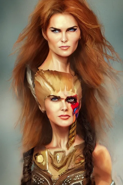 Prompt: mix of beautiful young maria shriver, mariel hemmingway, brooke shields, nicole kidman and elle macpherson as a young amazon warrior, thin lips, hair tied up in a pony tail, dark blonde hair, colorful, artstation, cgsociety