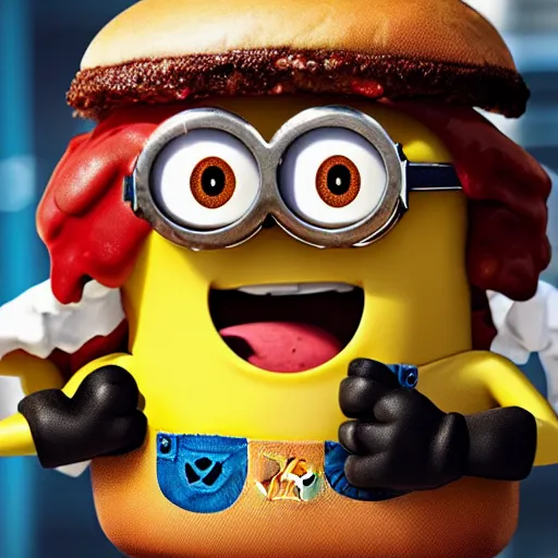 Prompt: A minion eating an hamburger, highly detailed