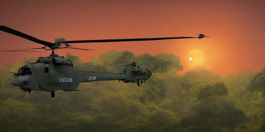 Image similar to Painting of vietnam Huey Helicopters, above a forest, orange sun set, abstract, realism, 8k, detailed, octane render, glow