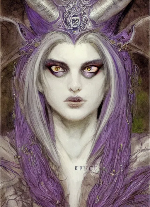 Image similar to portrait of young female prophetess of the endtimes, transluscent skin, silver filigreed armor, lavender hair, beautiful! coherent! dungeons and dragons character, by brian froud, strong line, cool night color, high contrast