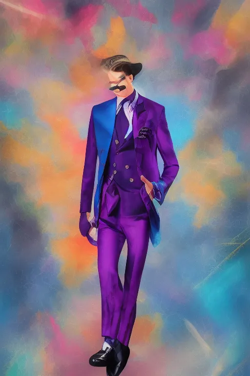 Image similar to hyper realistic male powersuit dapper look artwork of high - end haute couture bespoke fashion by ali sabet, lisa frank & sho murase