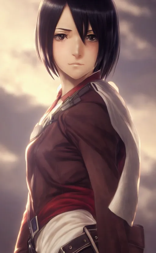 Image similar to mikasa ackerman, hero pose, medium shot, bokeh, beautiful face!!!!, 2 7 years old, cg animation, lifelike, animated, realistic, character select portrait, by artgerm, greg rutkowski, alphonse mucha, 3 d