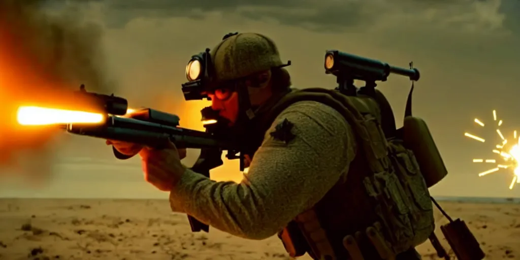 Image similar to high detail movie still of ultra realistic spongebob squarepants shooting an ak - 4 7 machine gun with muzzle flash, cinematic framing rule of thirds, cinematic light, hard shadows, in the style of the movie lone survivor,