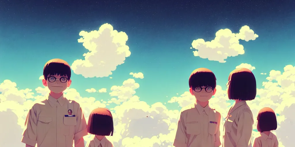 Image similar to 3 d portrait of smiling boy and girl teens with astronaut helmets by ilya kuvshinov, cloudy sky background lush landscape ln illustration concept art anime key visual trending pixiv by victo ngai fanbox by greg rutkowski makoto shinkai takashi takeuchi studio ghibli