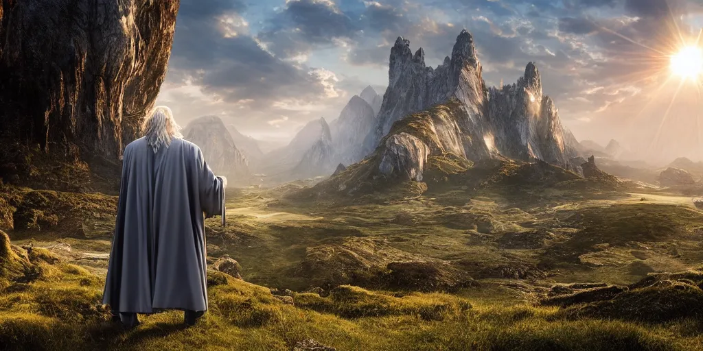 Image similar to a beautiful wide shot of donald trump in gandalf's robes facing the camera, the panorama of middle earth in the background, intricate detail, god rays, photography, volumetric light, cinematic, 8 k