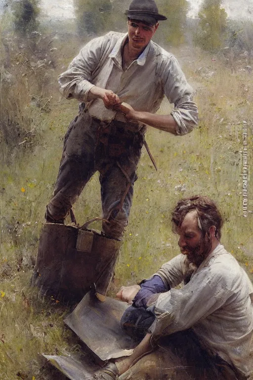 Image similar to Solomon Joseph Solomon and Richard Schmid and Jeremy Lipking painting full length portrait painting of a young man going to work in the field