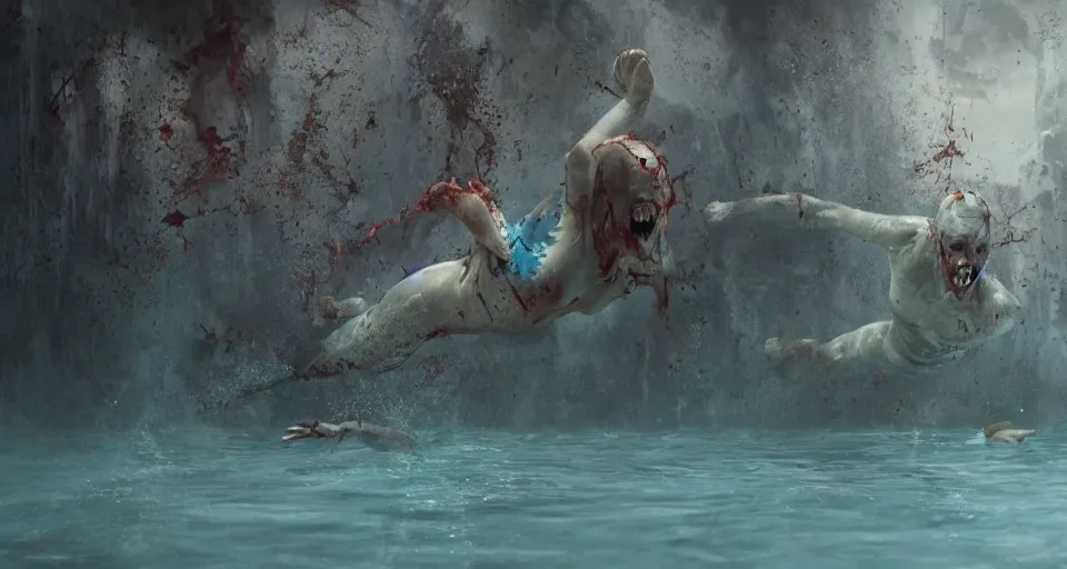 Image similar to highly detailed full body portrait of a zombie swimming underwater in a zombie - apocalypse, in a swimming pool, by greg rutkowski, octane render