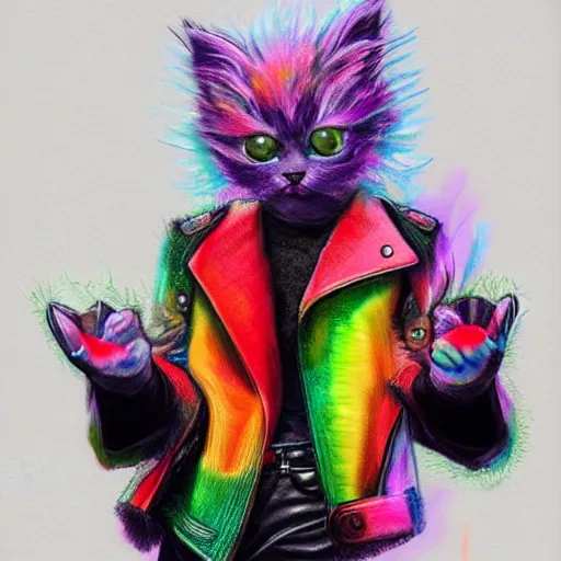 Image similar to wide angle full body, jacket wearing fluffy cute rainbow kitten wearing a black leather motorcycle jacket, concept art