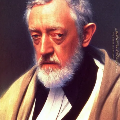 Image similar to Painting of Sir Alec Guinness as Obi-Wan Kenobi. Art by william adolphe bouguereau. During golden hour. Extremely detailed. Beautiful. 4K. Award winning.