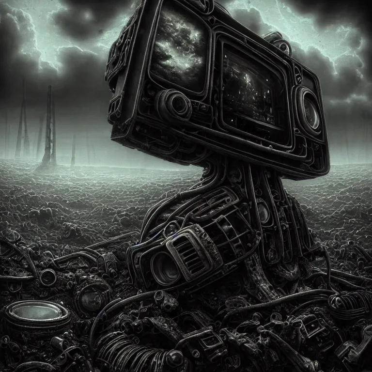 Image similar to closeup portrait of surreal mysterious abandoned ribbed broken old crt monitor in the foreground, in wastelands on exoplanet at night, dark clouds, dark washed tint black, dream-like heavy atmosphere, dark baroque painting, beautiful detailed intricate insanely detailed octane render trending on Artstation, 8K artistic photography, photorealistic, dramatic cinematic perfect light, harsh flash photography, chiaroscuro, award-winning photograph, masterpiece, Raphael, Caravaggio, Beksinski, Giger