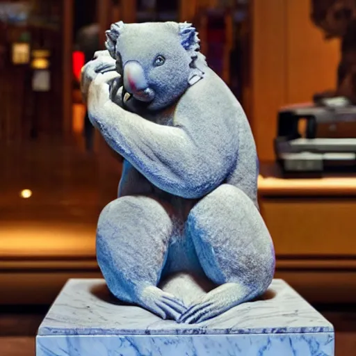 Prompt: “ a marble statue of a koala dj in front of a marble statue of a turntable. the koala has wearing large marble headphones. ”
