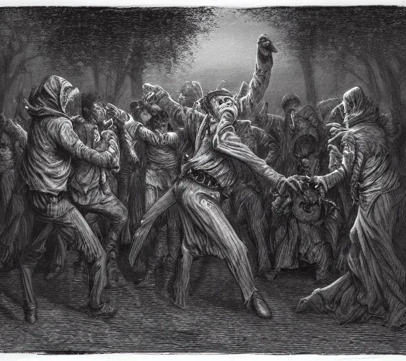 Prompt: scary terryfying, evil shadow people dancing by gustave dore. back glass painting, carnation, encaustic painting, b - roll, establishing shot, dappled light, crime scene photography, 8 k, vray, unreal engine, blender cycles, colorful