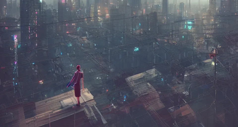 Image similar to woman standing on a rooftop in a cyberpunk city, intricate artwork by tooth wu and wlop and beeple, octane render, hyper realism, 8 k