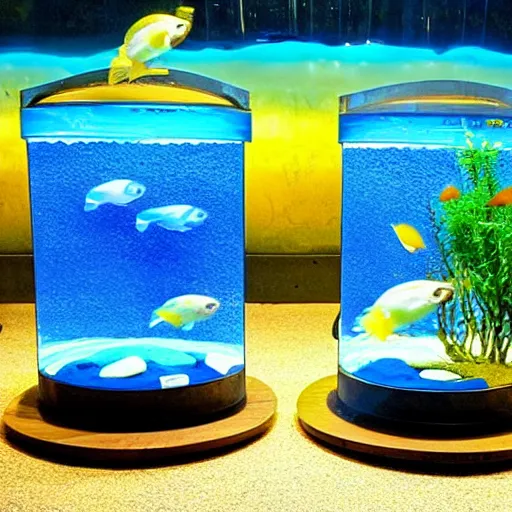 Image similar to there are two round aquariums on a blue table with a blue background. a gold fish is jumping from one aquarium to the other one