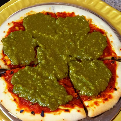 Prompt: idli pizza with pudina chutney toppings