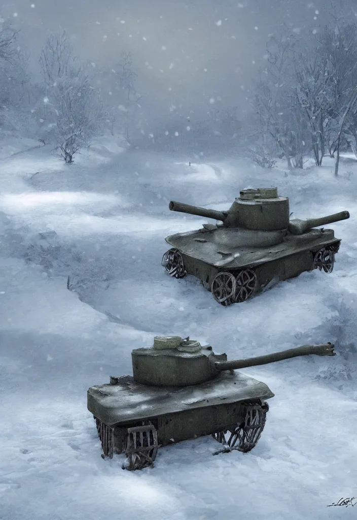 Image similar to Digital Art of a 1914 Tank in the snow, trending on artstation