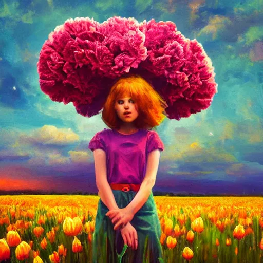 Image similar to girl with a giant carnation head, surreal photography, flower field, sunset dramatic light, impressionist painting, colorful clouds, blue sky, digital painting, artstation, simon stalenhag