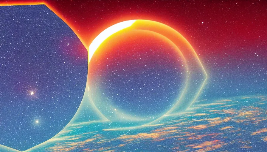 Image similar to hexagon sun covers floating above earth, solar eclipse, retro space art, wallpaper