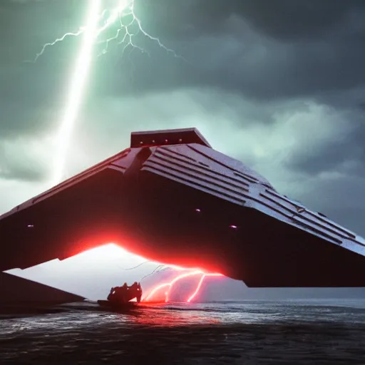 Image similar to a star destroyer being pulled in half by an evil yoda covered in force lightning, cinematic lighting, ultra realistic, 8 k,