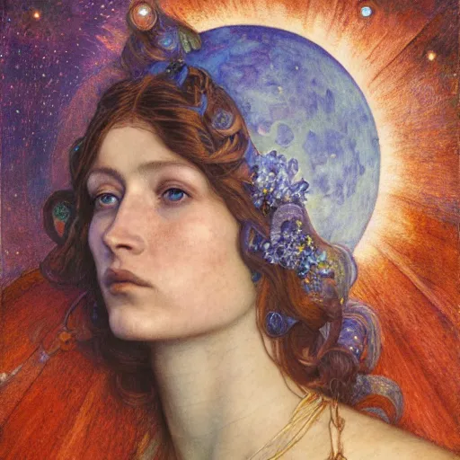 Image similar to queen of the moon with stars in her hair, by annie swynnerton and tino rodriguez and donato giancola and nicholas roerich and jean delville and diego rivera and charlie bowater and dulac, dramatic lighting, god rays, geometric tattoos, rich colors, smooth sharp focus, extremely detailed, adolf wolfli