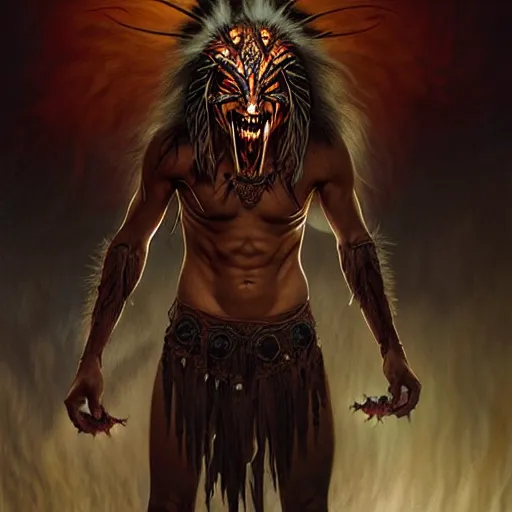 Image similar to evil native american skinwalker transformation, horror demon, heroic lighting, dark fantasy, intricate, elegant, highly detailed, lifelike, photorealistic, digital painting, artstation, illustration, concept art, smooth, sharp focus, art by John Collier and Albert Aublet and Krenz Cushart and Artem Demura and Alphonse Mucha